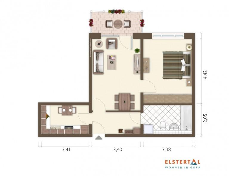 Etagenwohnung Gera Debschwitz - 2 Zimmer, 50 m&sup2;, 449&euro; | Angebot:25854937