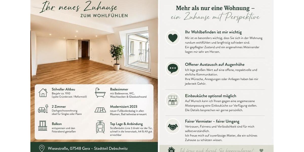 Dachgeschoßwohnung Gera Lusan - 2 Zimmer, 61 m&sup2;, 375&euro; | Angebot:26334851