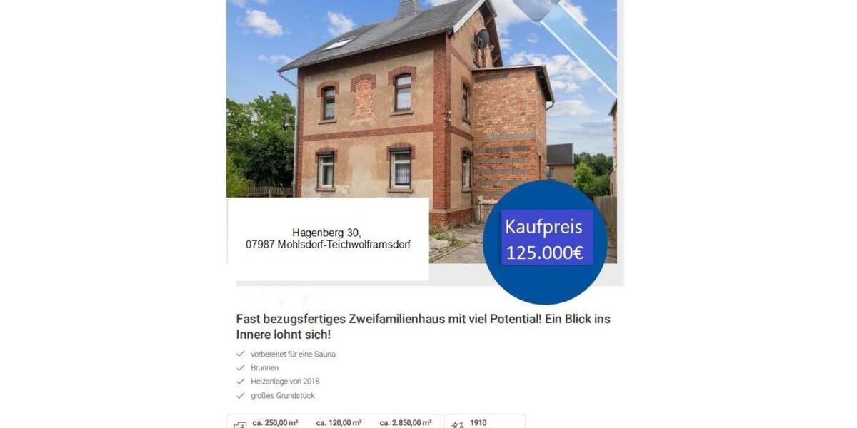 Einfamilienhaus Mohlsdorf-Teichwolframsdorf Teichwolframsdorf - 8 Zimmer, 250 m&sup2;, 125.000&euro; | Angebot:24615475