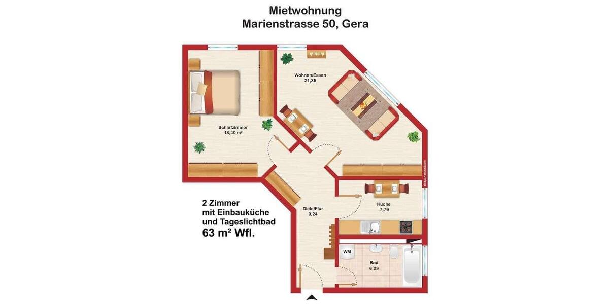 Erdgeschoßwohnung Gera Alt-Bieblach - 2 Zimmer, 63 m&sup2;, 380&euro; | Angebot:26181158