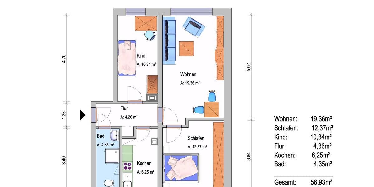 Erdgeschoßwohnung Gera Alt-Bieblach - 3 Zimmer, 57 m&sup2;, 285&euro; | Angebot:26264960